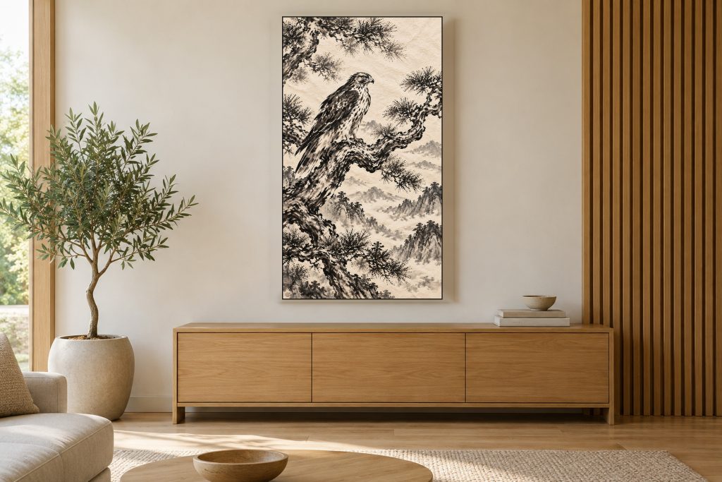 Hawk on a Pine Branch shown on a vertically mounted TV in a room setting