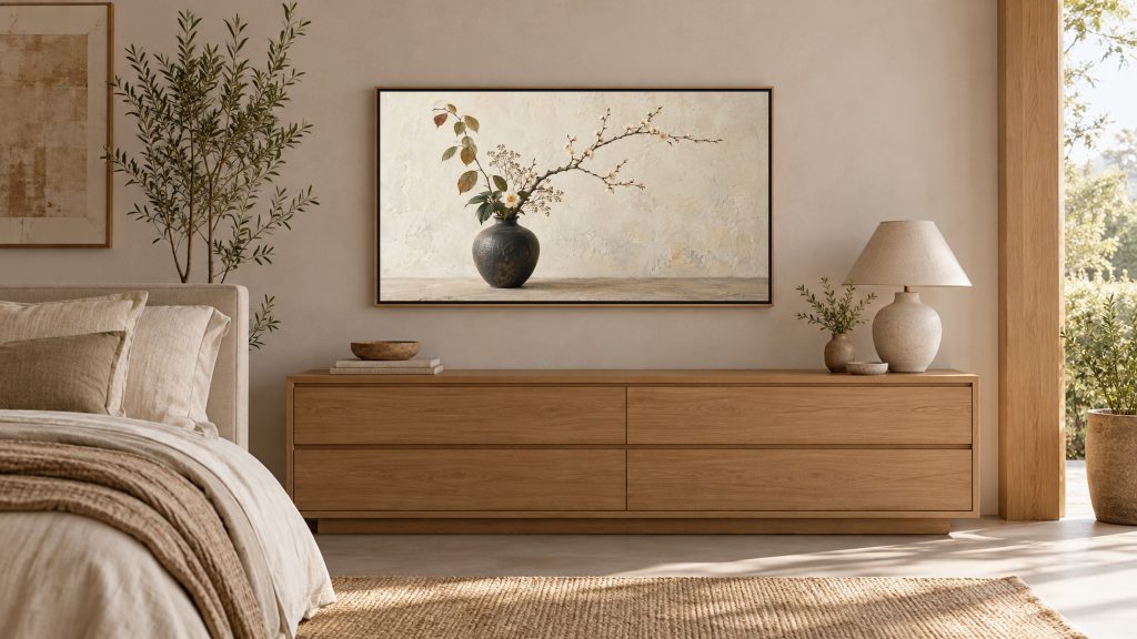 Ikebana Arrangement Still Life shown on a wall-mounted 16:9 TV in a bedroom