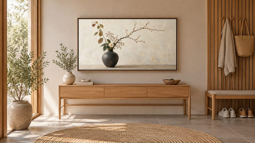 Ikebana Arrangement Still Life shown on a wall-mounted 16:9 TV in an entryway