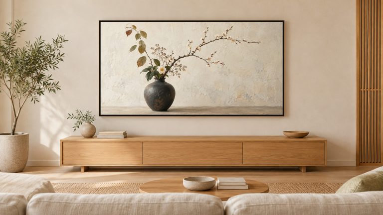 Ikebana Arrangement Still Life shown on a wall-mounted 16:9 TV in a living room