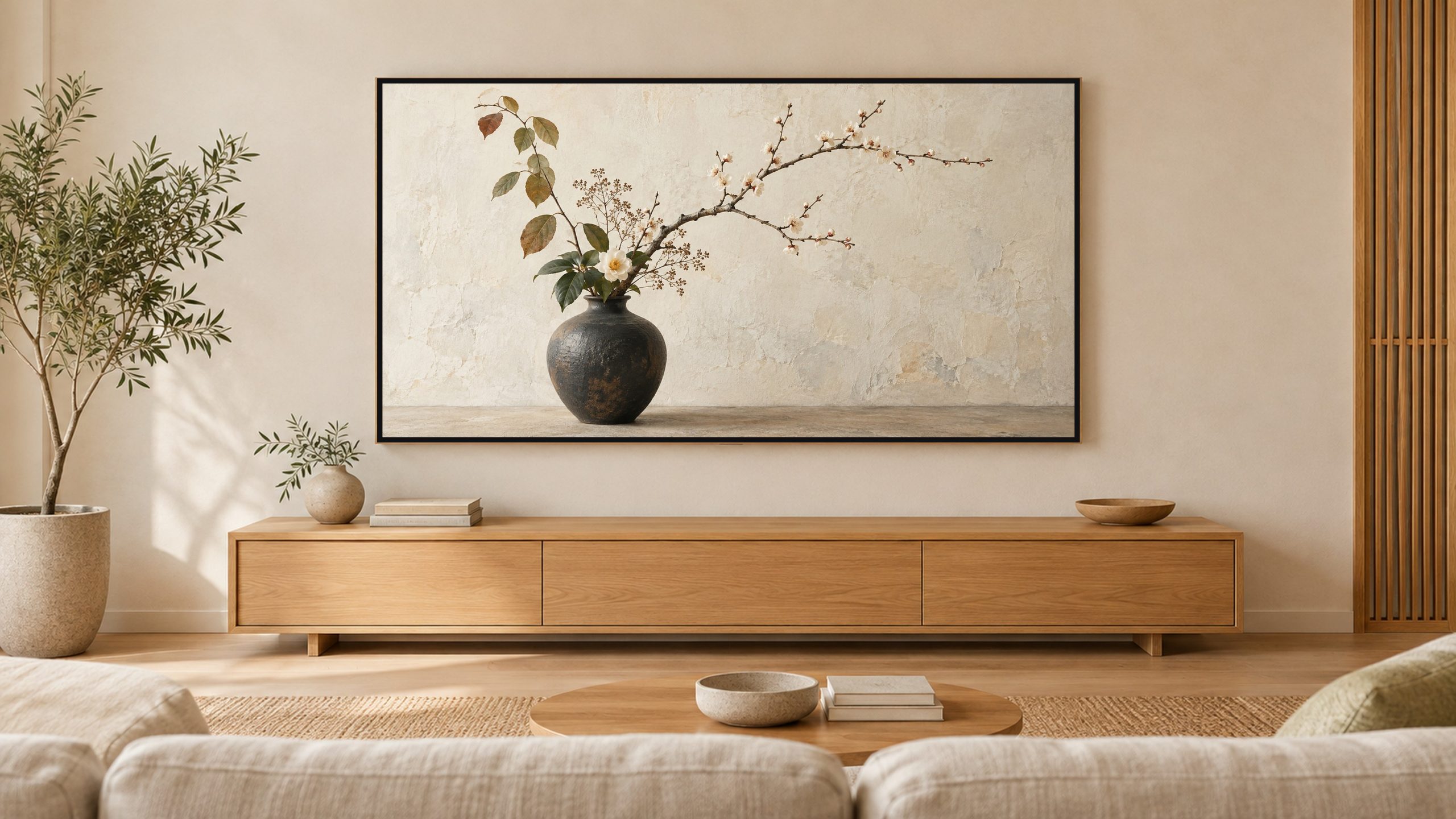 Ikebana Arrangement Still Life shown on a wall-mounted 16:9 TV in a living room