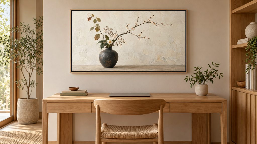 Ikebana Arrangement Still Life shown on a wall-mounted 16:9 TV in a home office
