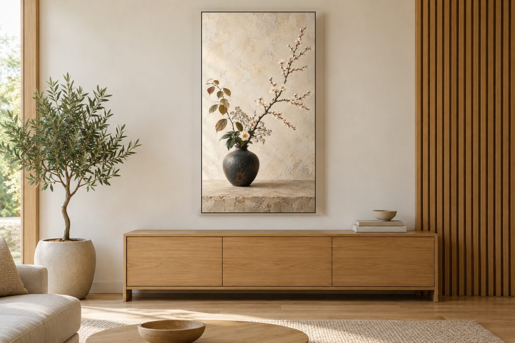 Ikebana Arrangement Still Life shown on a vertically mounted TV in a room setting