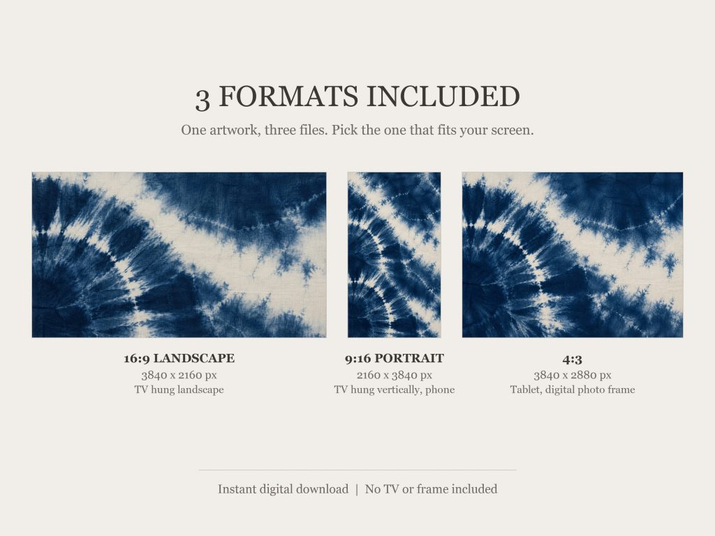 Indigo Shibori Dye Pattern: the three included formats, 16:9, 9:16 and 4:3