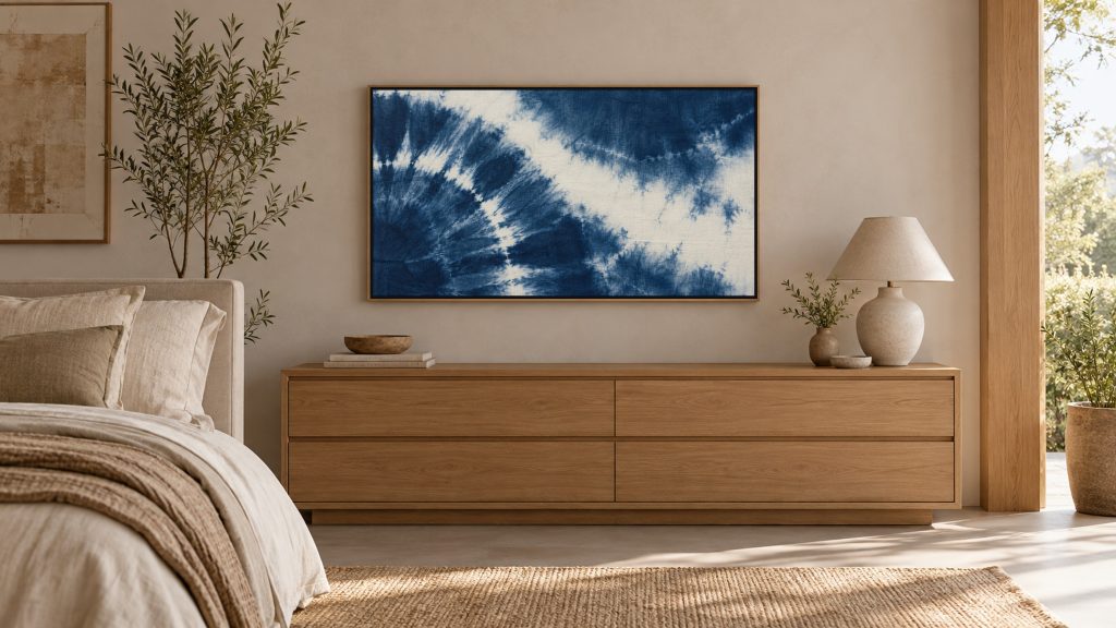 Indigo Shibori Dye Pattern shown on a wall-mounted 16:9 TV in a bedroom