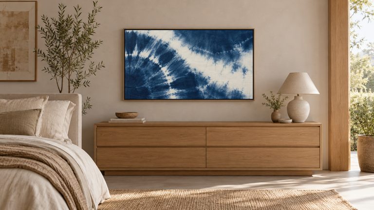 Indigo Shibori Dye Pattern shown on a wall-mounted 16:9 TV in a bedroom