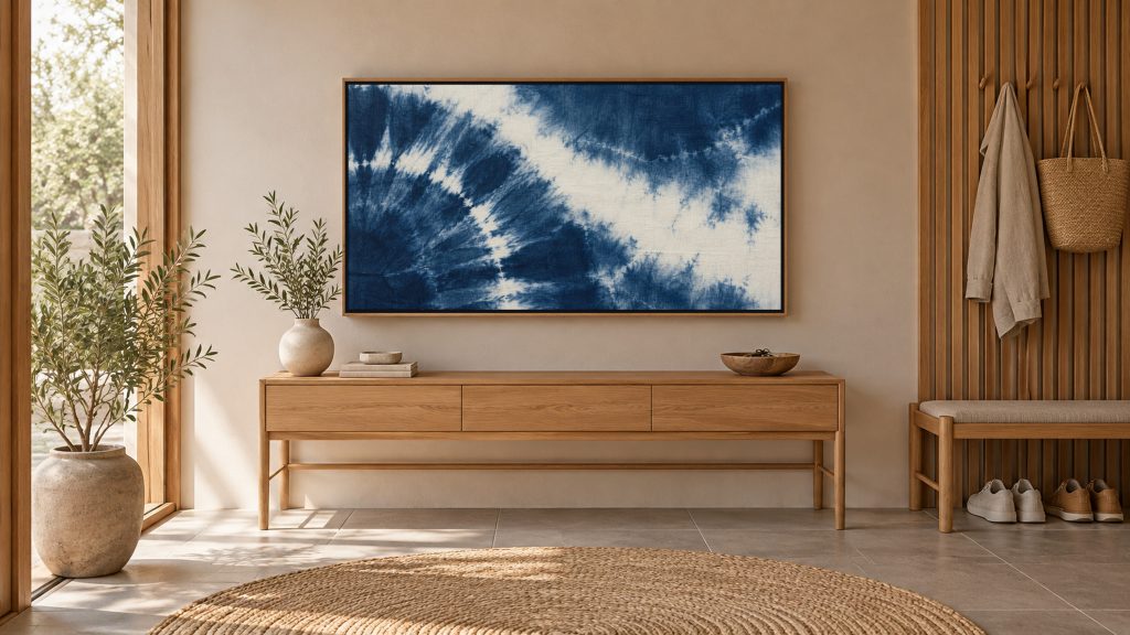 Indigo Shibori Dye Pattern shown on a wall-mounted 16:9 TV in an entryway