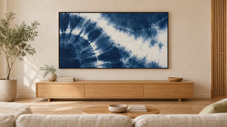 Indigo Shibori Dye Pattern shown on a wall-mounted 16:9 TV in a living room