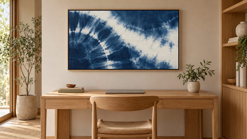 Indigo Shibori Dye Pattern shown on a wall-mounted 16:9 TV in a home office