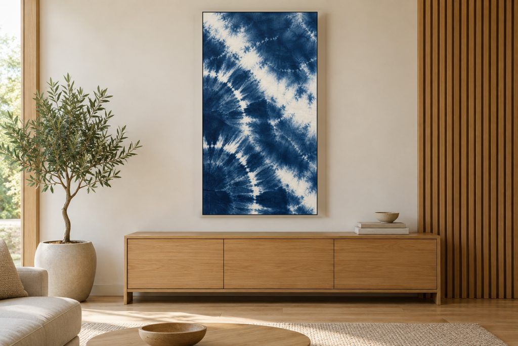 Indigo Shibori Dye Pattern shown on a vertically mounted TV in a room setting