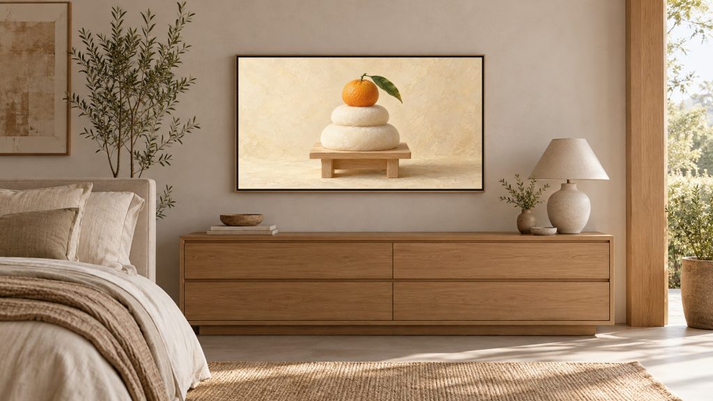 Kagami Mochi New Year Still Life shown on a wall-mounted 16:9 TV in a bedroom
