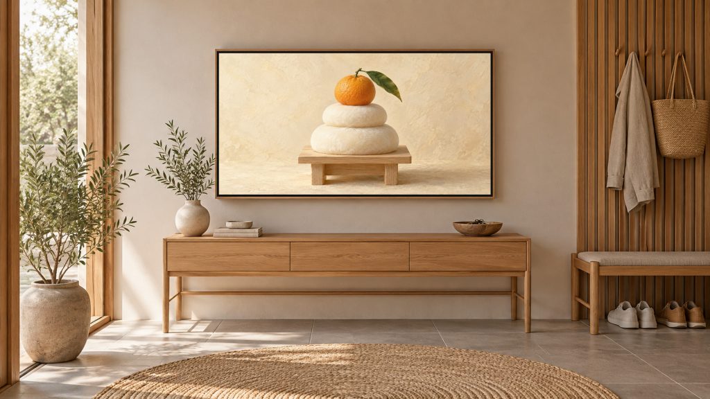 Kagami Mochi New Year Still Life shown on a wall-mounted 16:9 TV in an entryway