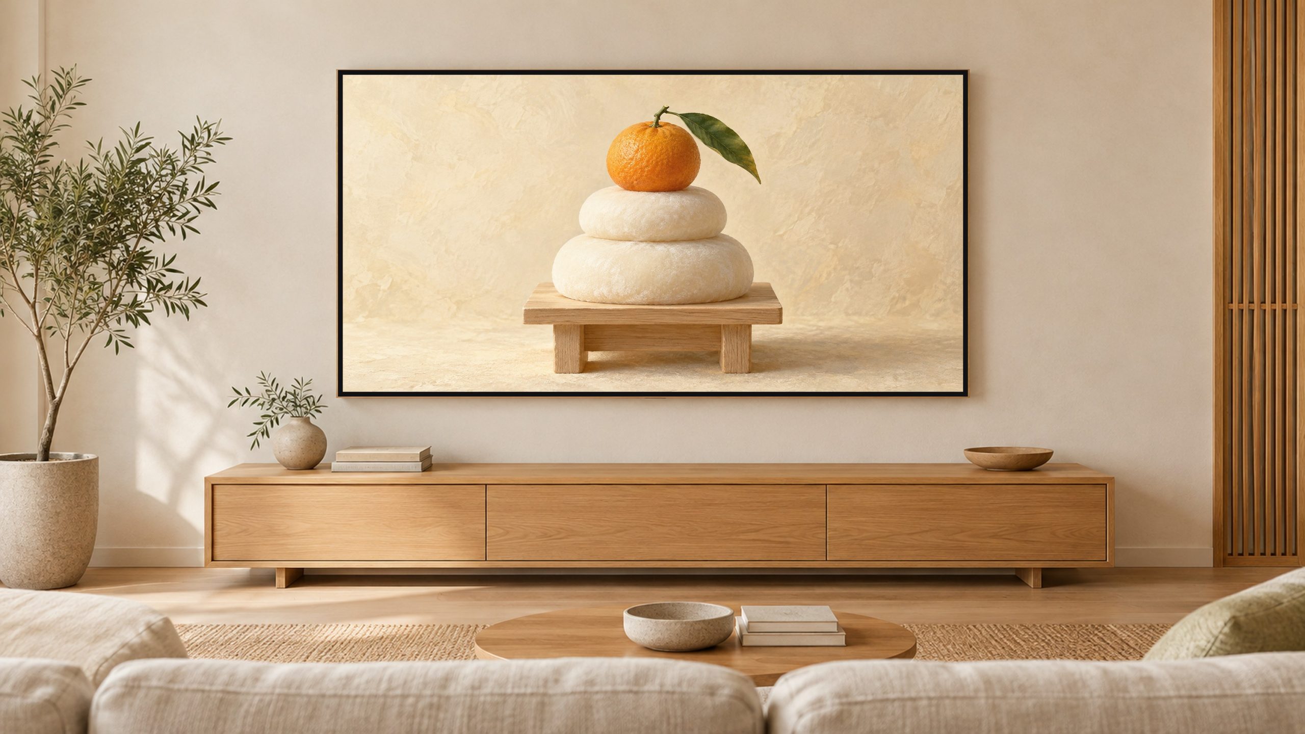 Kagami Mochi New Year Still Life shown on a wall-mounted 16:9 TV in a living room