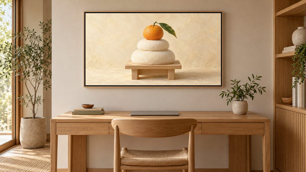 Kagami Mochi New Year Still Life shown on a wall-mounted 16:9 TV in a home office