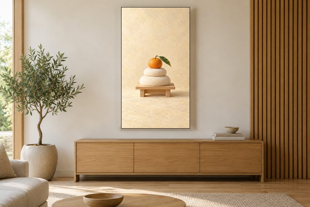 Kagami Mochi New Year Still Life shown on a vertically mounted TV in a room setting