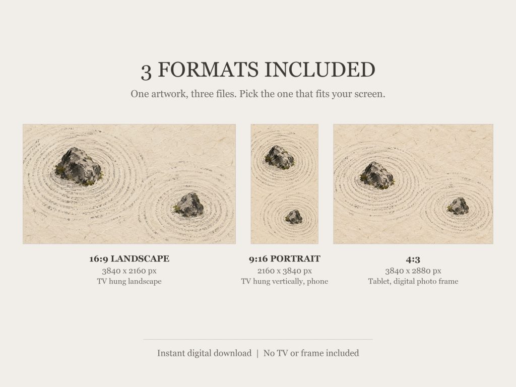 Zen Garden Sand Ripples: the three included formats, 16:9, 9:16 and 4:3