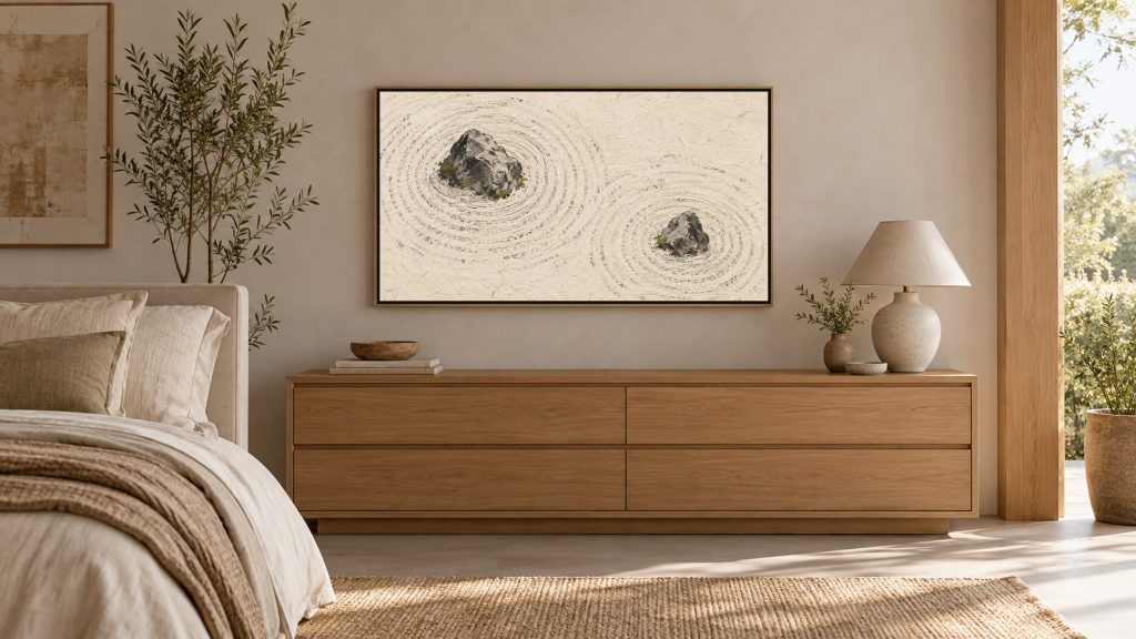 Zen Garden Sand Ripples shown on a wall-mounted 16:9 TV in a bedroom