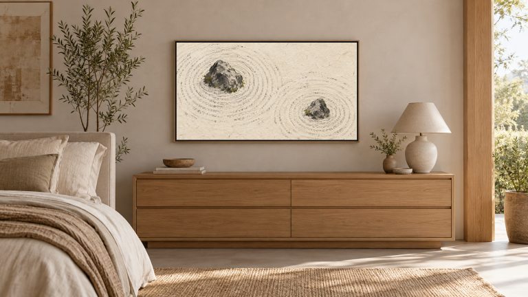 Zen Garden Sand Ripples shown on a wall-mounted 16:9 TV in a bedroom