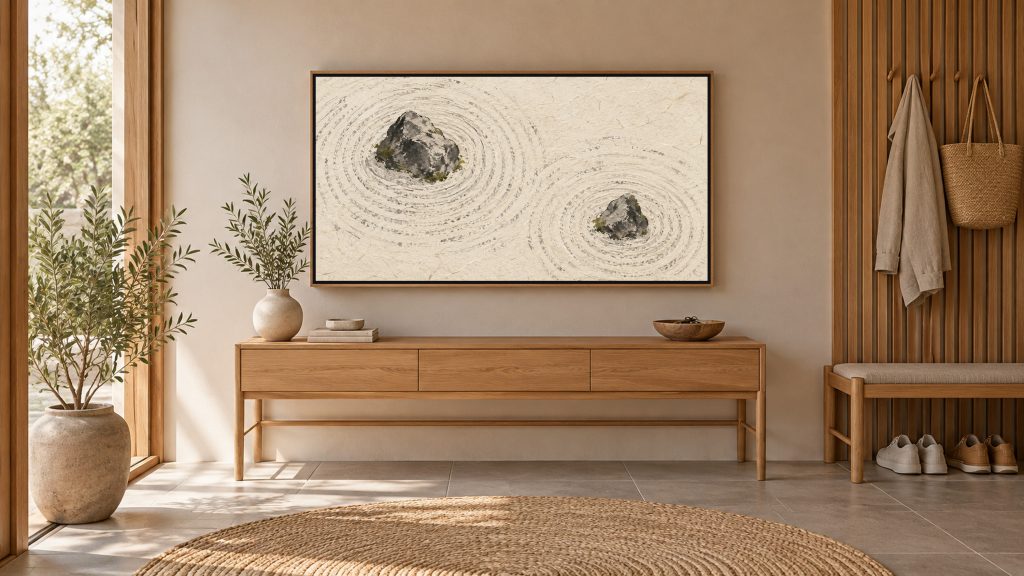 Zen Garden Sand Ripples shown on a wall-mounted 16:9 TV in an entryway