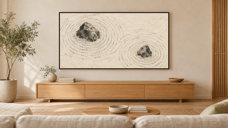 Zen Garden Sand Ripples shown on a wall-mounted 16:9 TV in a living room
