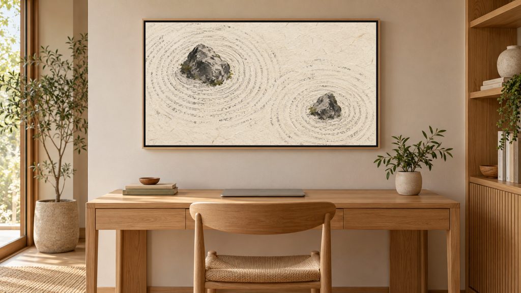 Zen Garden Sand Ripples shown on a wall-mounted 16:9 TV in a home office