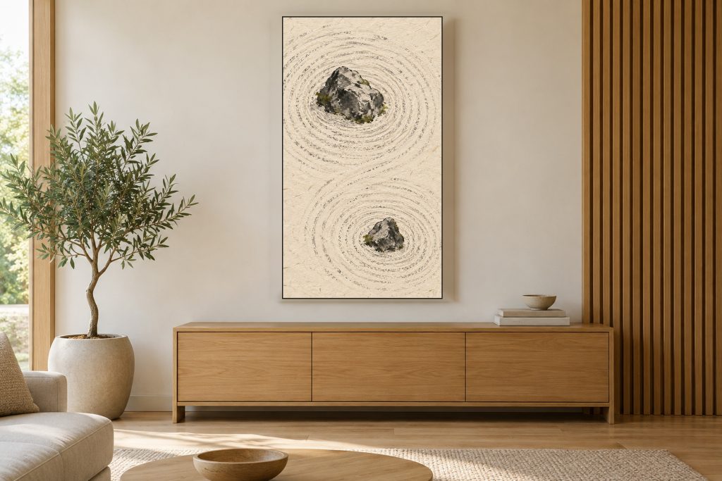 Zen Garden Sand Ripples shown on a vertically mounted TV in a room setting