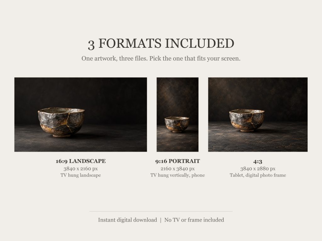 Kintsugi Bowl Gold Repair: the three included formats, 16:9, 9:16 and 4:3