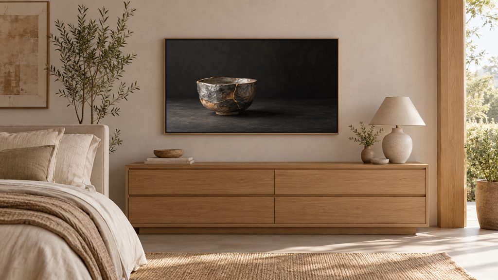 Kintsugi Bowl Gold Repair shown on a wall-mounted 16:9 TV in a bedroom