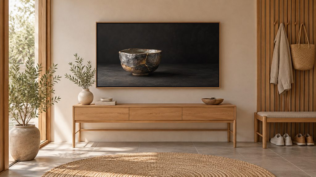 Kintsugi Bowl Gold Repair shown on a wall-mounted 16:9 TV in an entryway