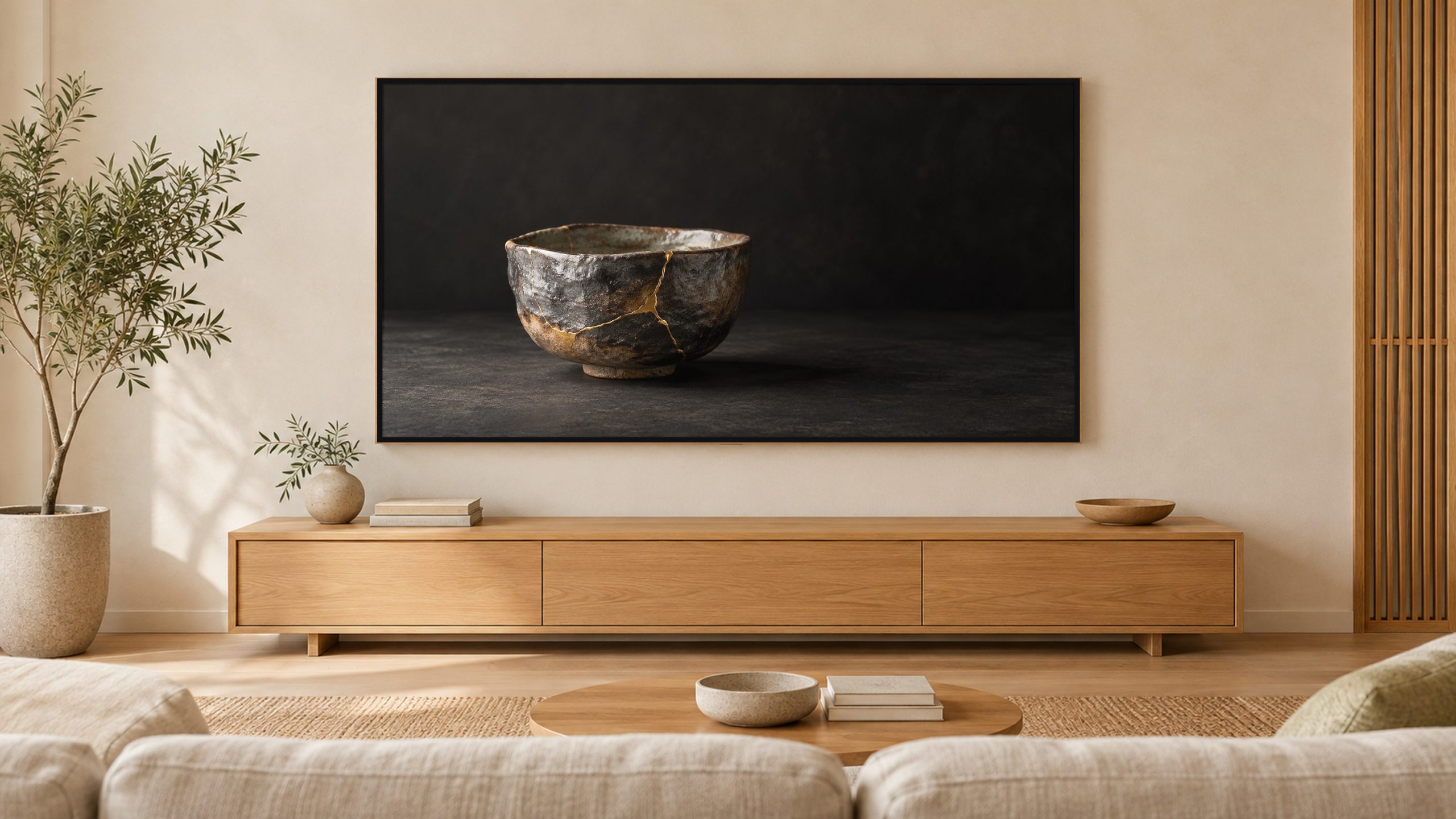 Kintsugi Bowl Gold Repair shown on a wall-mounted 16:9 TV in a living room