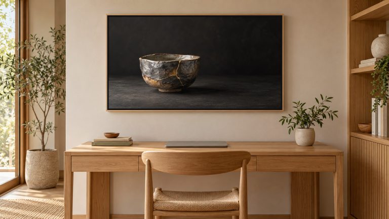 Kintsugi Bowl Gold Repair shown on a wall-mounted 16:9 TV in a home office