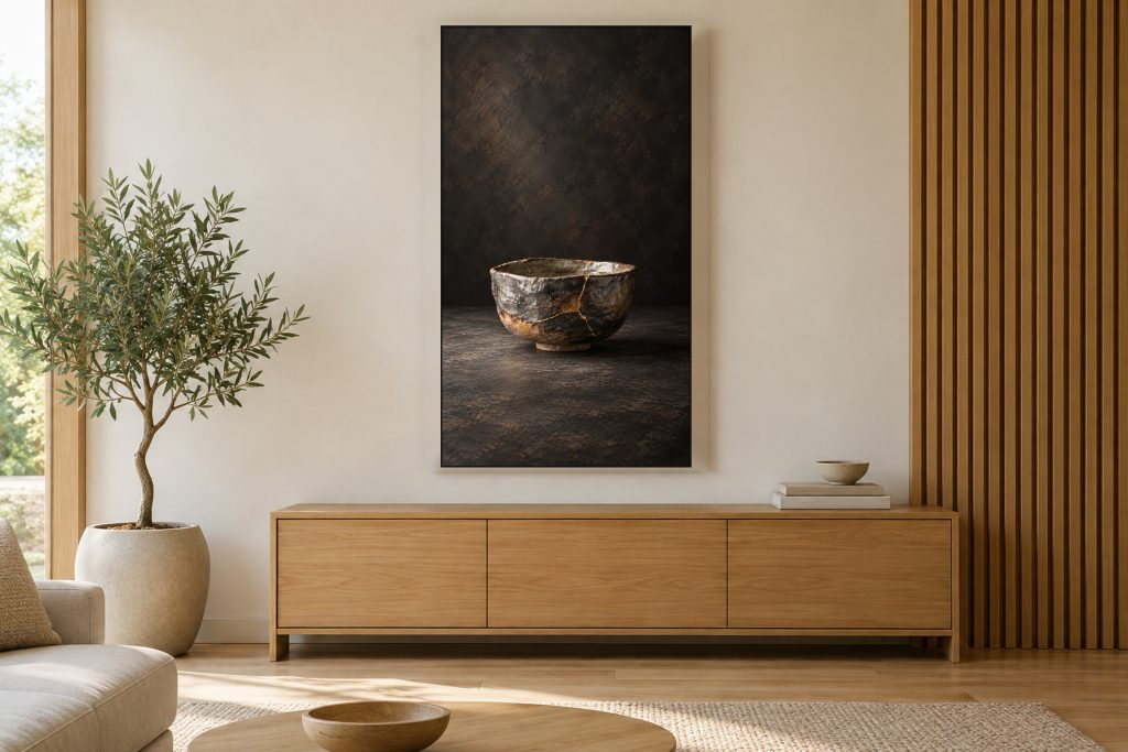 Kintsugi Bowl Gold Repair shown on a vertically mounted TV in a room setting