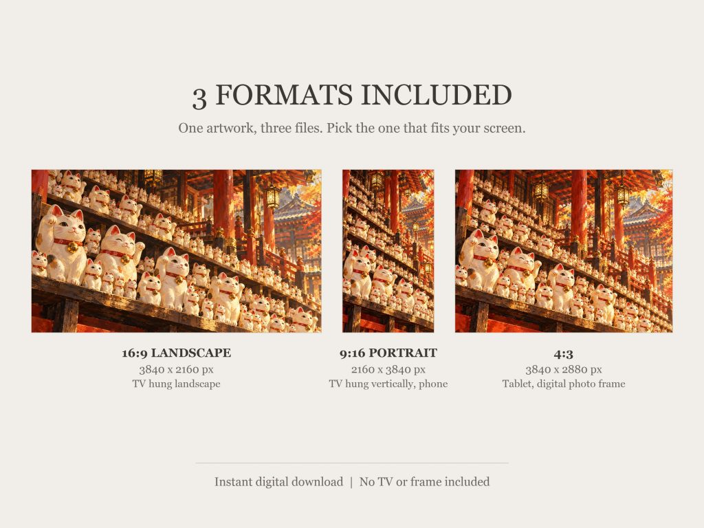 Lucky Cats Row Maneki Neko: the three included formats, 16:9, 9:16 and 4:3