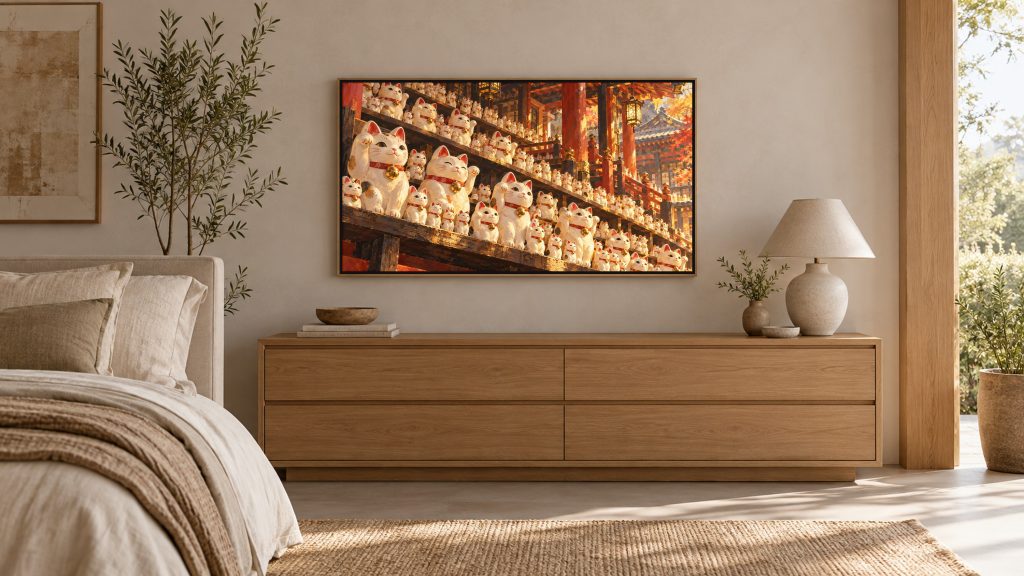 Lucky Cats Row Maneki Neko shown on a wall-mounted 16:9 TV in a bedroom