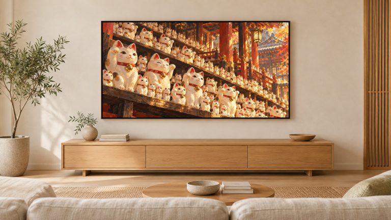 Lucky Cats Row Maneki Neko shown on a wall-mounted 16:9 TV in a living room