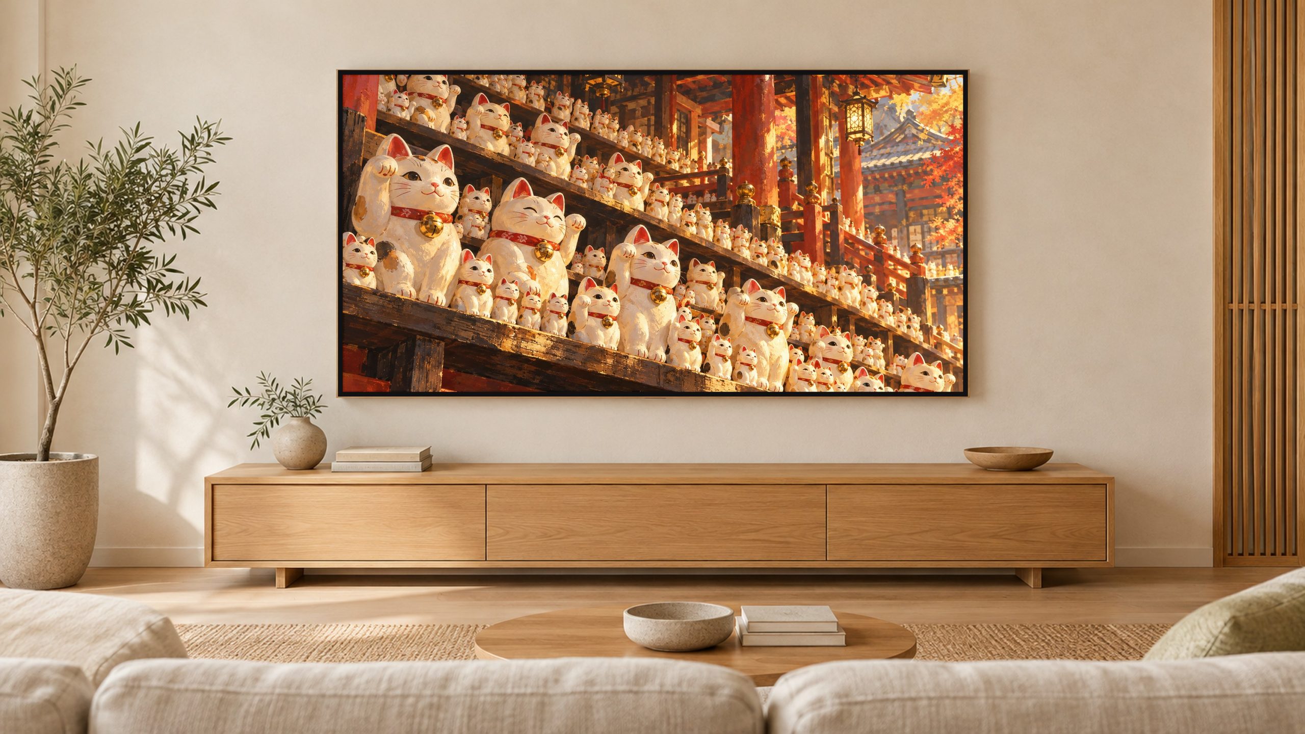 Lucky Cats Row Maneki Neko shown on a wall-mounted 16:9 TV in a living room