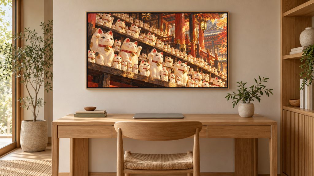 Lucky Cats Row Maneki Neko shown on a wall-mounted 16:9 TV in a home office