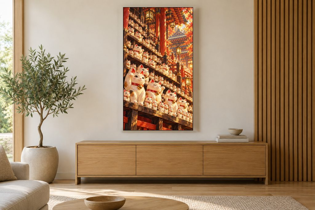 Lucky Cats Row Maneki Neko shown on a vertically mounted TV in a room setting