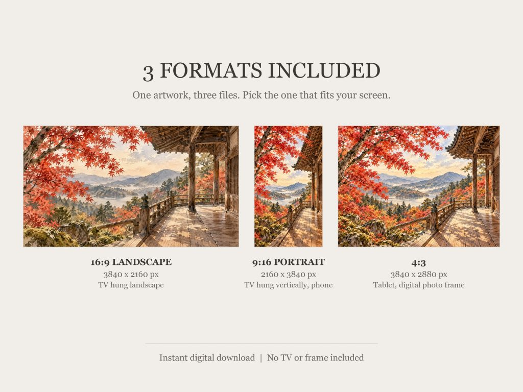 Autumn Maple Temple Kyoto: the three included formats, 16:9, 9:16 and 4:3