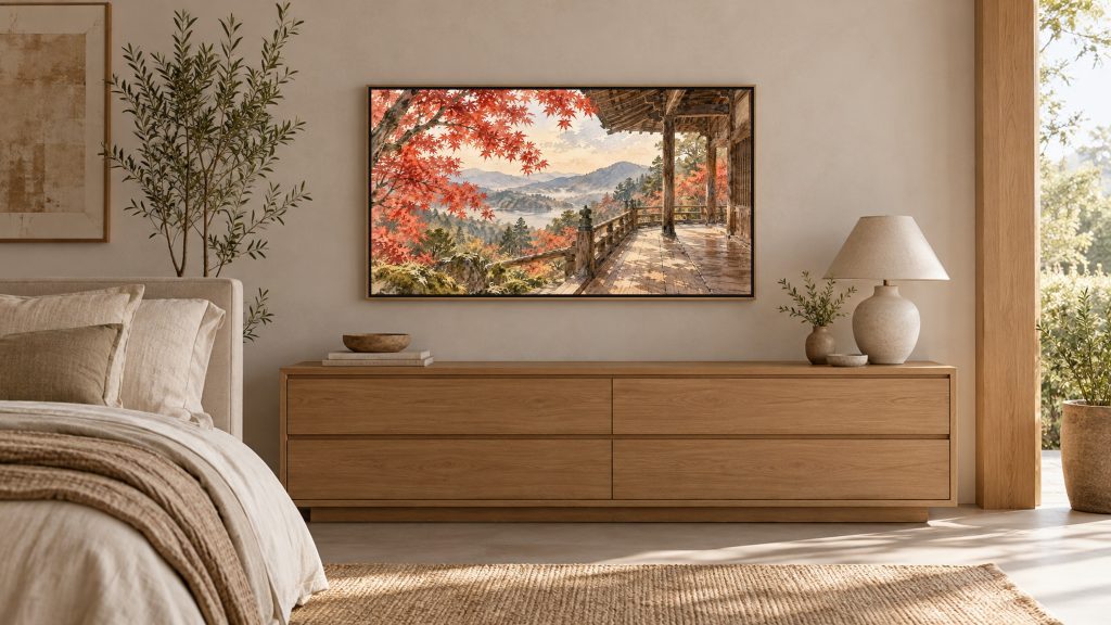Autumn Maple Temple Kyoto shown on a wall-mounted 16:9 TV in a bedroom