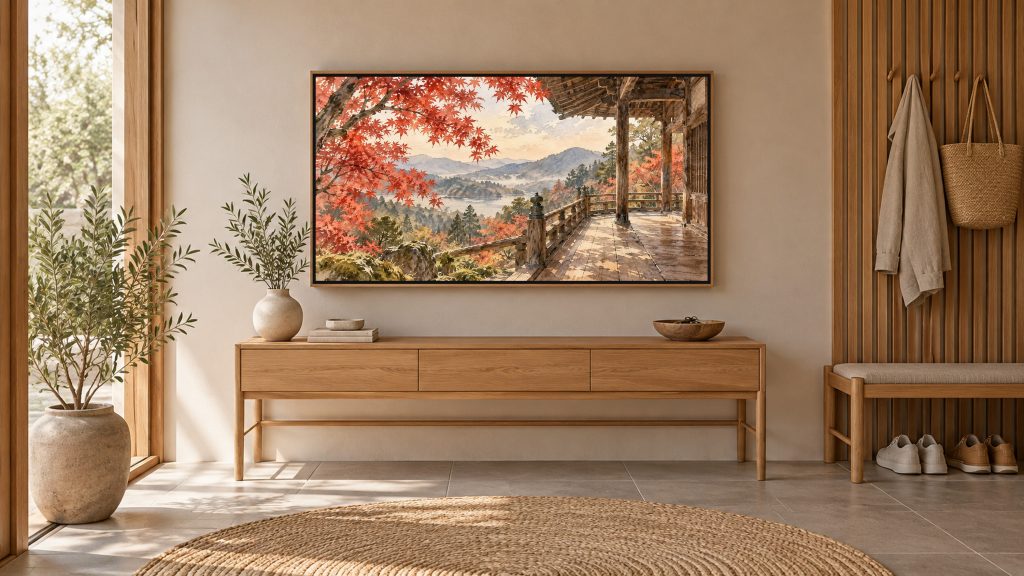 Autumn Maple Temple Kyoto shown on a wall-mounted 16:9 TV in an entryway