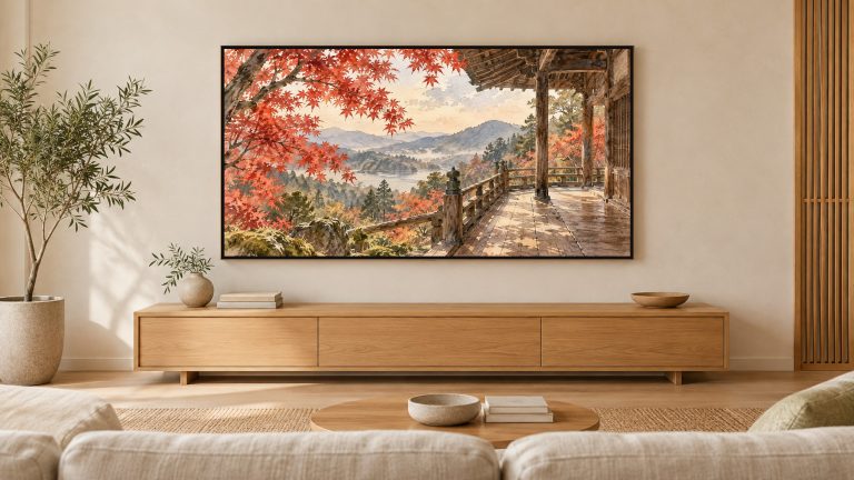 Autumn Maple Temple Kyoto shown on a wall-mounted 16:9 TV in a living room