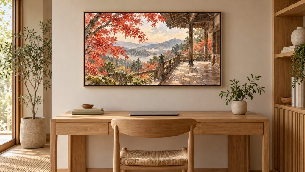 Autumn Maple Temple Kyoto shown on a wall-mounted 16:9 TV in a home office