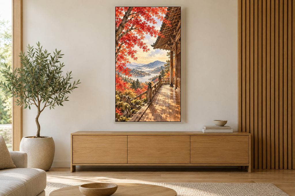 Autumn Maple Temple Kyoto shown on a vertically mounted TV in a room setting