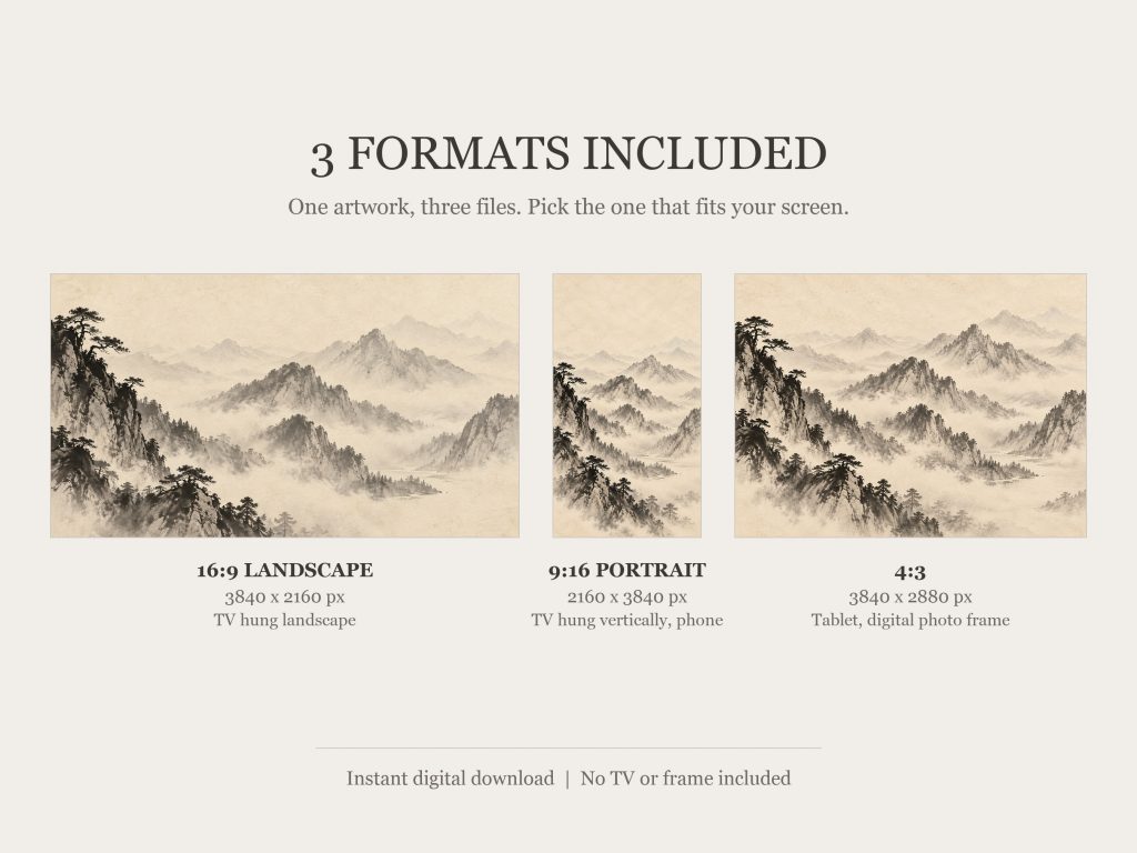 Misty Mountain Ink Landscape: the three included formats, 16:9, 9:16 and 4:3