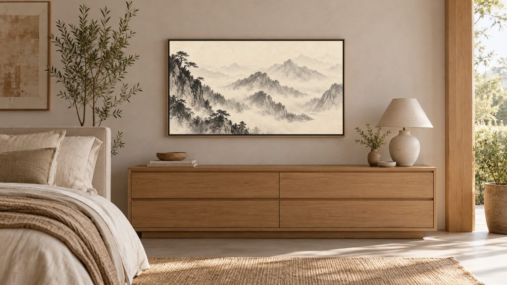 Misty Mountain Ink Landscape shown on a wall-mounted 16:9 TV in a bedroom