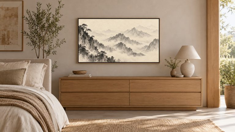 Misty Mountain Ink Landscape shown on a wall-mounted 16:9 TV in a bedroom
