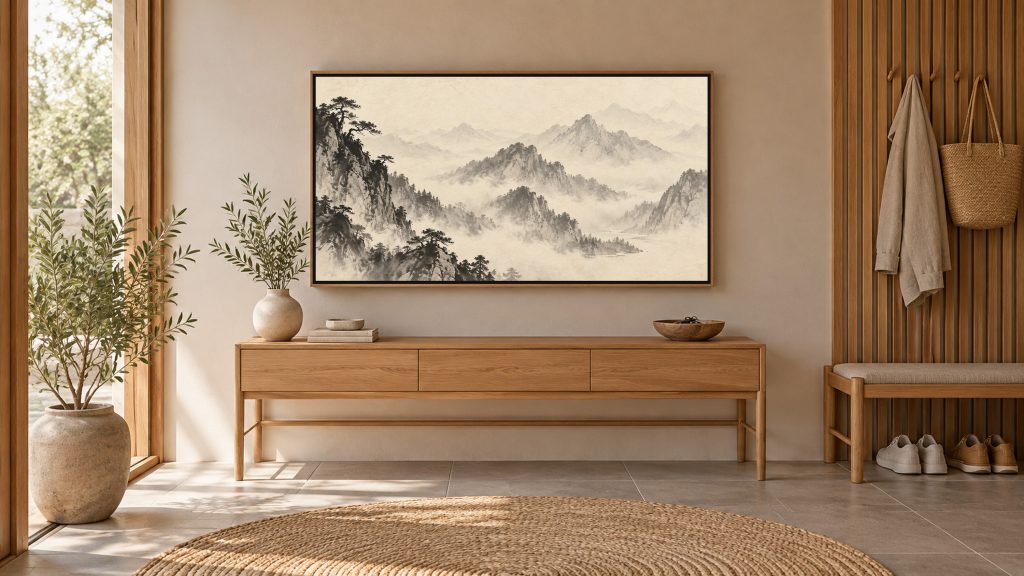 Misty Mountain Ink Landscape shown on a wall-mounted 16:9 TV in an entryway