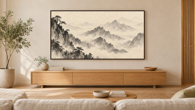 Misty Mountain Ink Landscape shown on a wall-mounted 16:9 TV in a living room