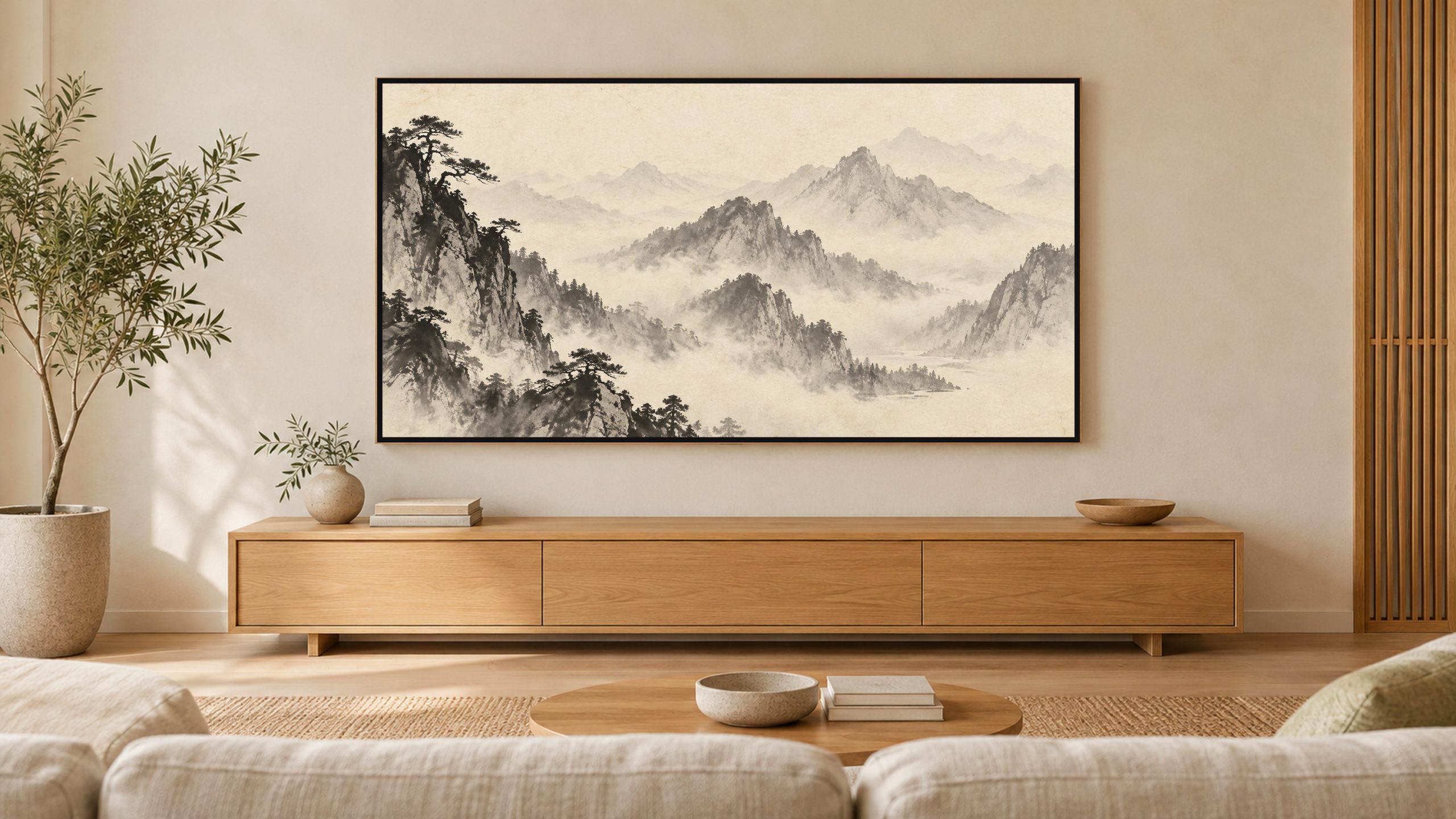 Misty Mountain Ink Landscape shown on a wall-mounted 16:9 TV in a living room